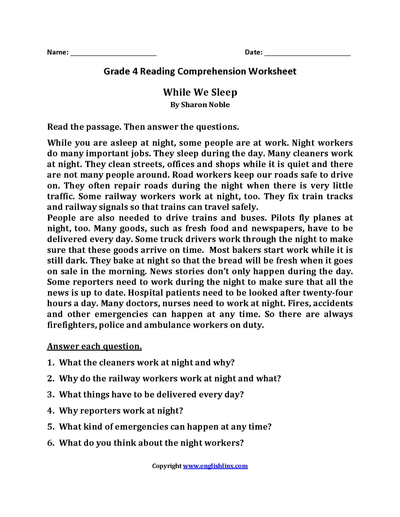 Reading Worksheets Fourth Grade Reading Worksheets