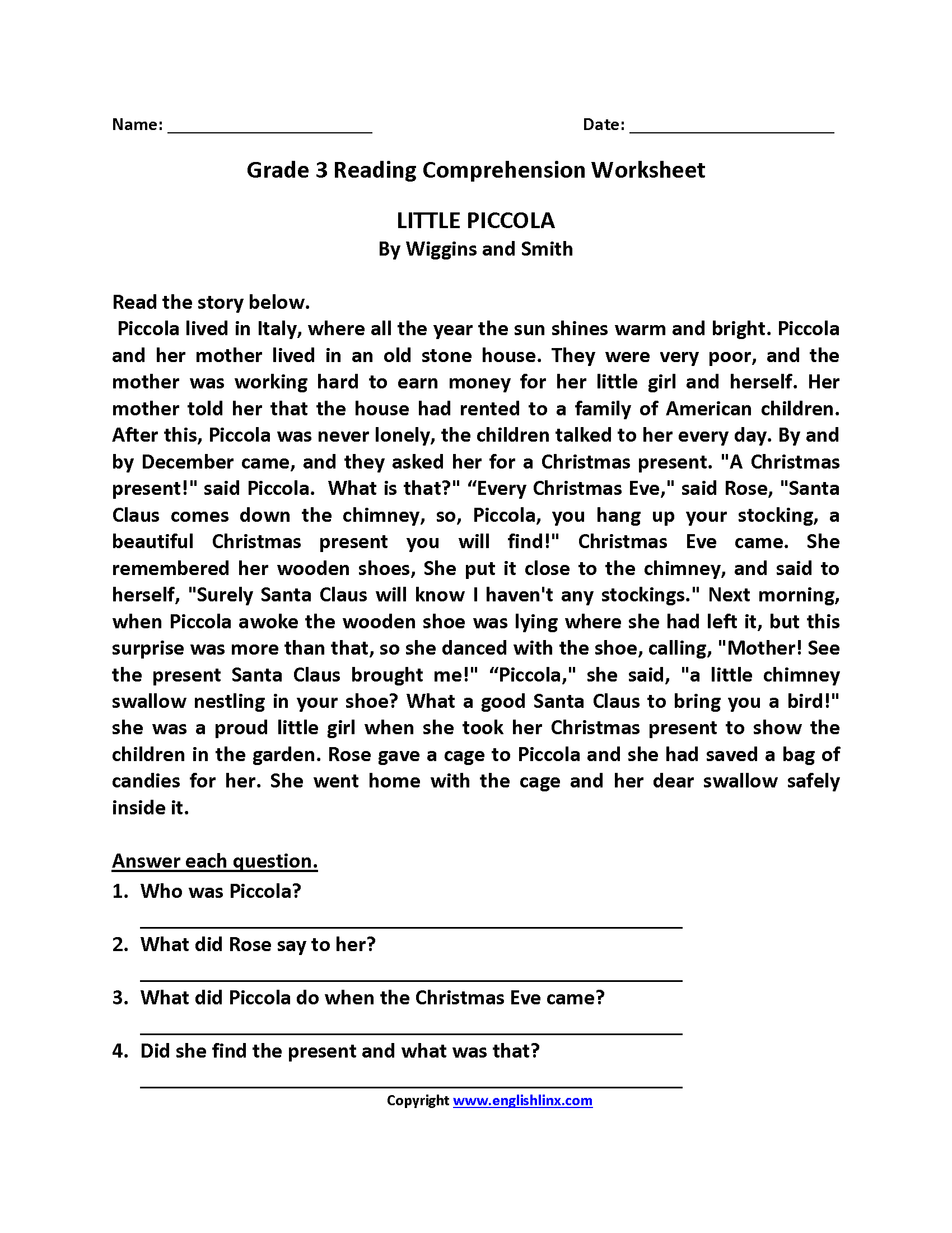 grade 3 reading comprehension passages with questions and answers