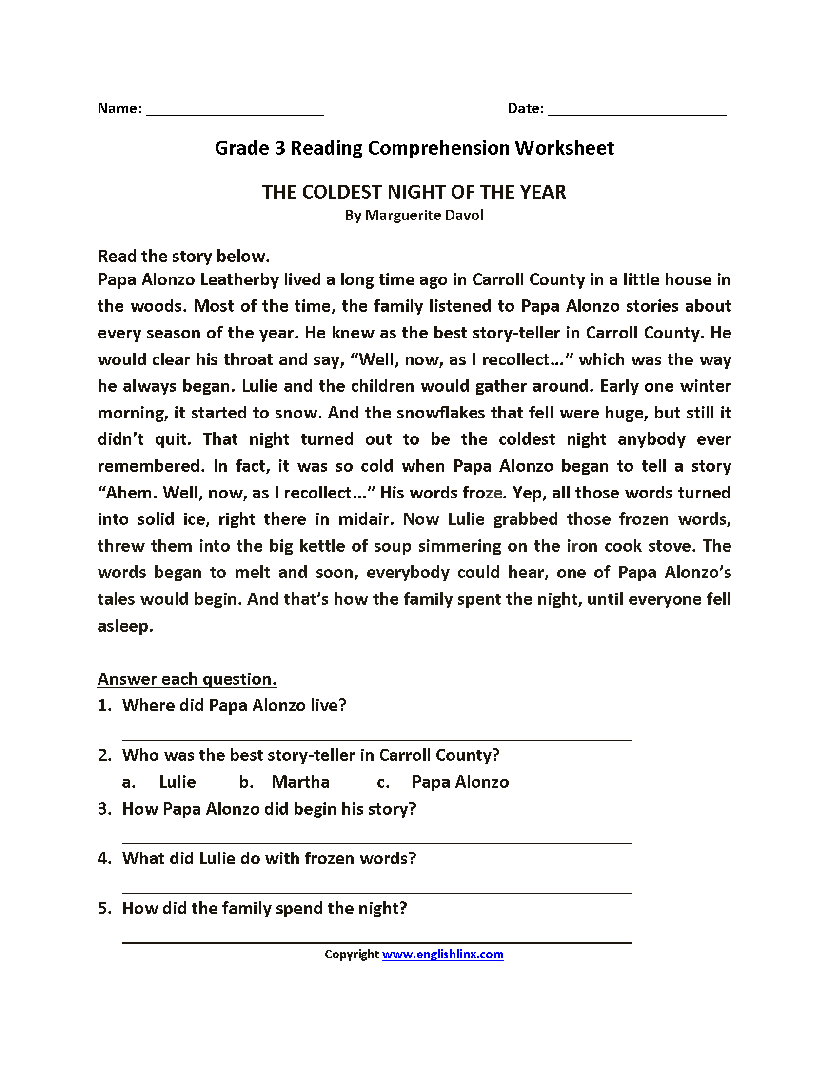 Reading Worksheets Third Grade Reading Worksheets