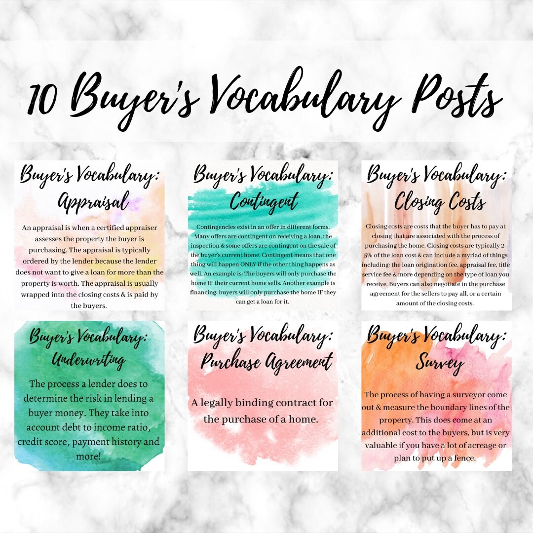 Real Estate Buyer s Vocabulary Ready To Post Images Real Estate Social Media Marketing Real Estate Social Media Instagram Posts Buyers Etsy