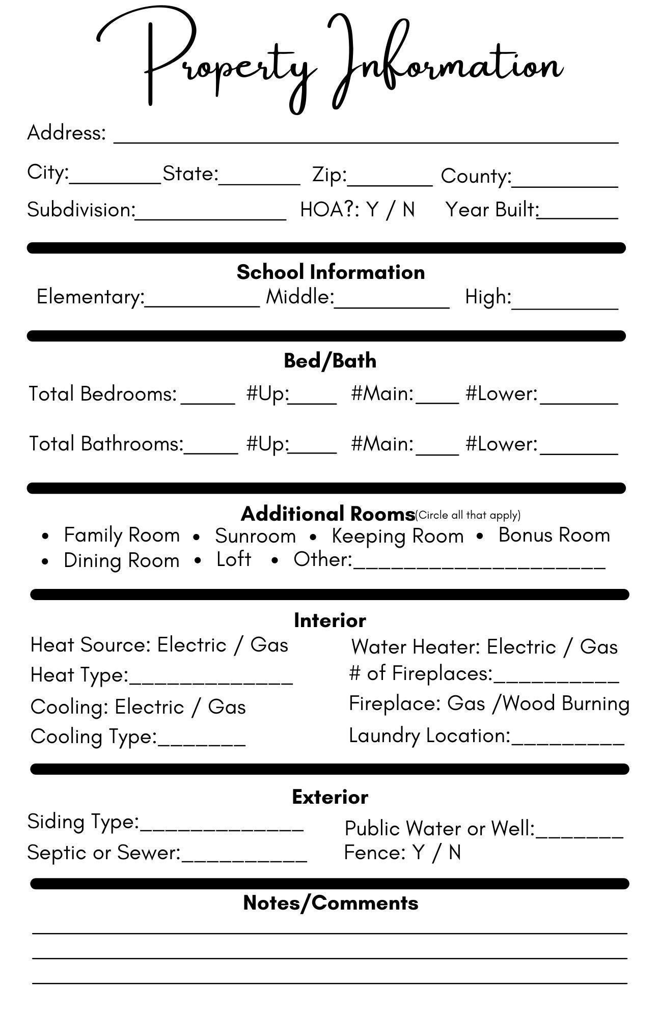 Real Estate Property Information Sheet Etsy