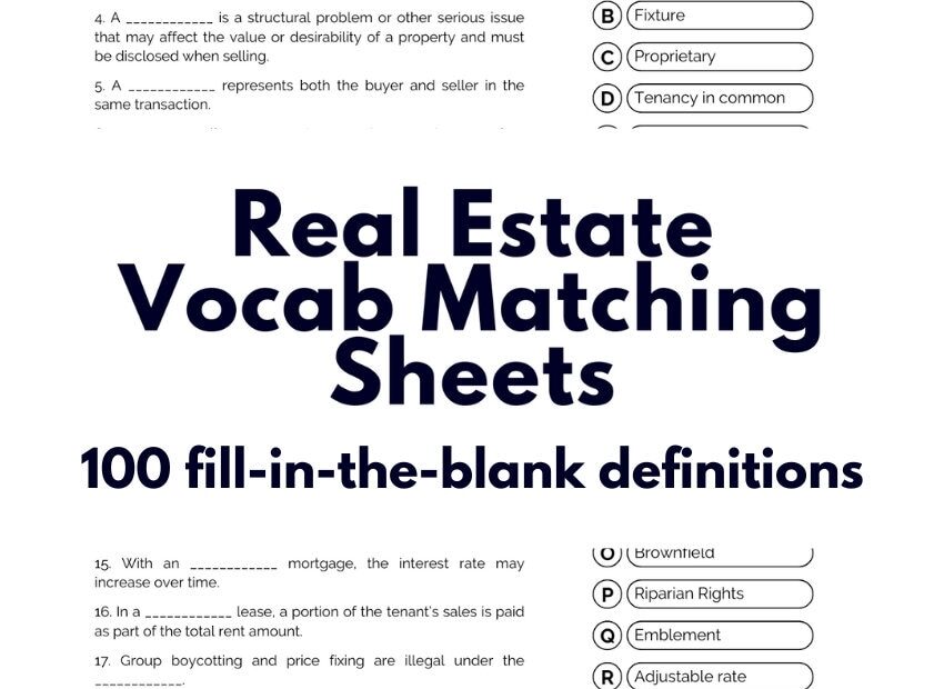 Real Estate Vocabulary Study Guide Printable Real Estate Exam