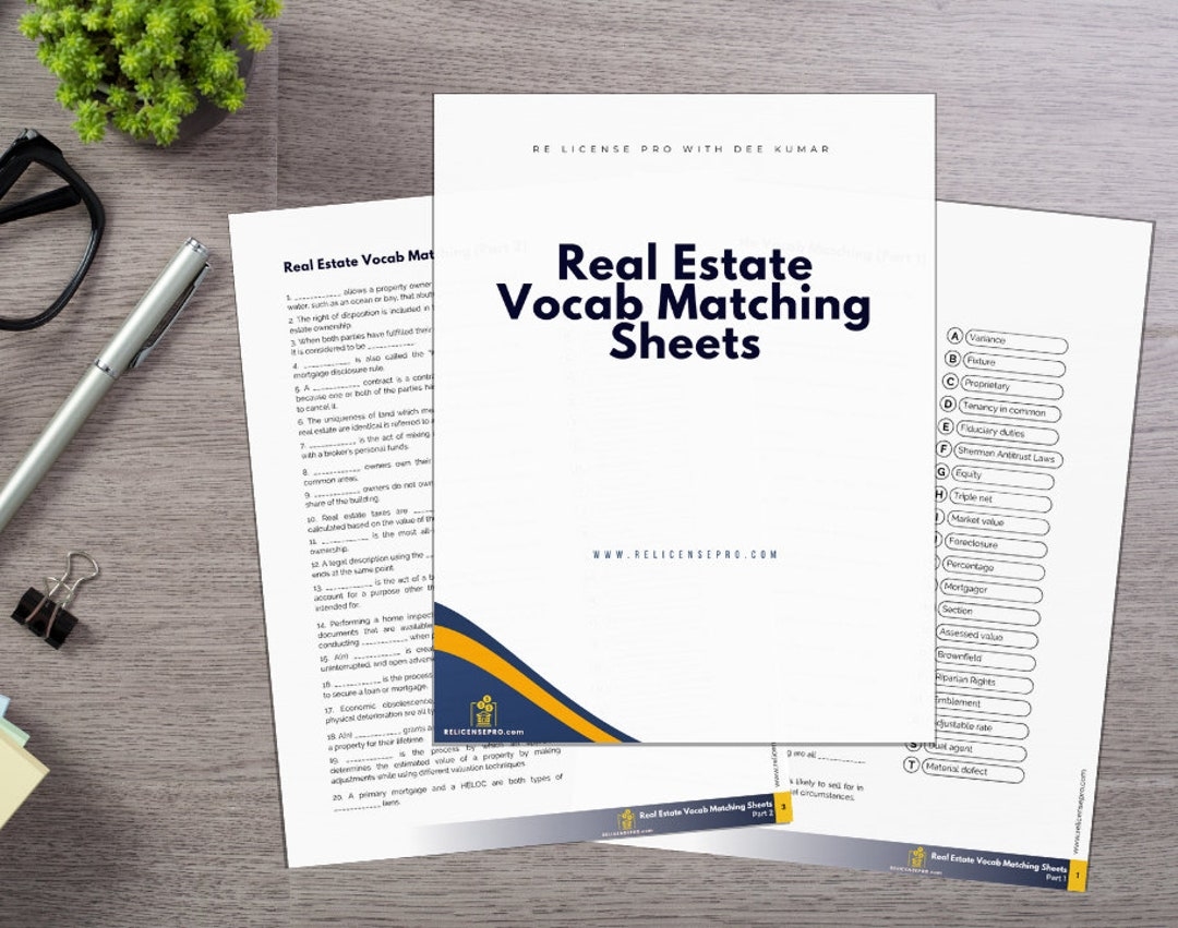 Real Estate Vocabulary Study Guide Printable Real Estate Exam Vocabulary Matching Sheets Etsy