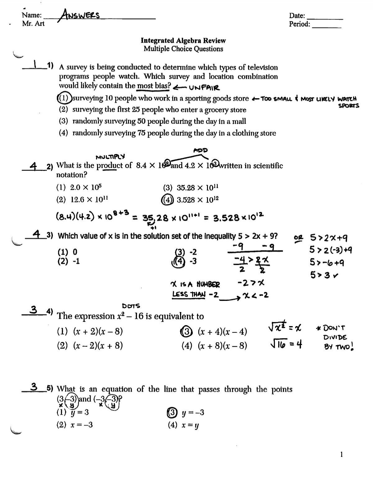Regents Review Multiple Choice Questions Answers pdf