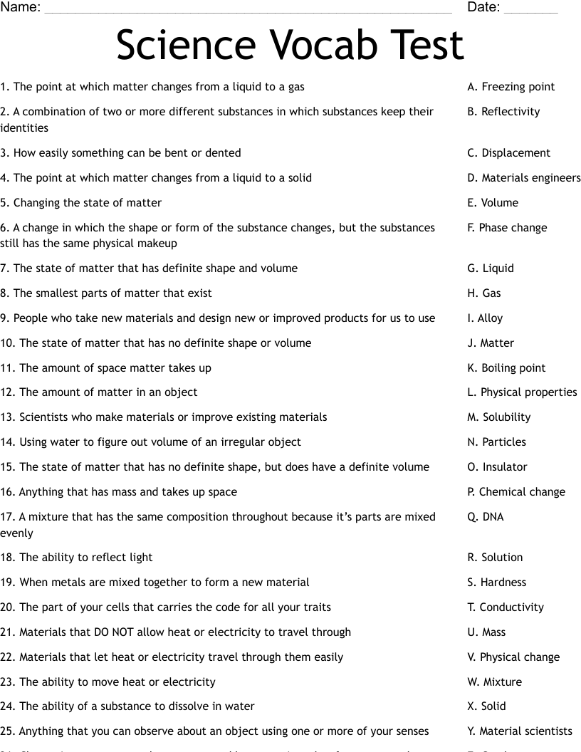 Science Vocab Test Worksheet WordMint