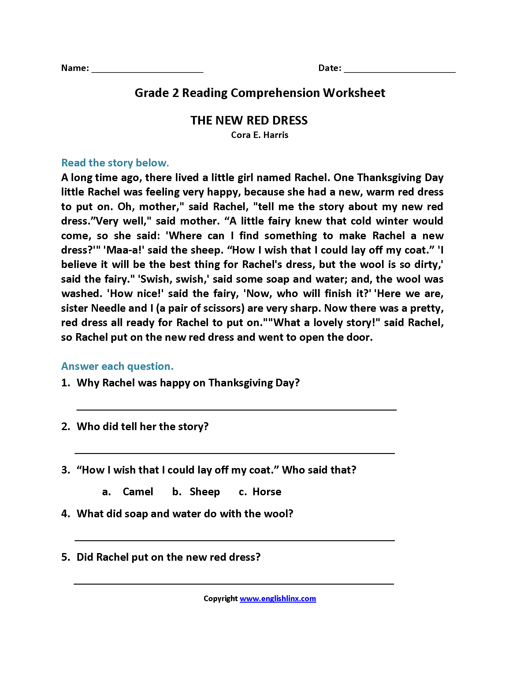 reading worksheets for 2nd graders