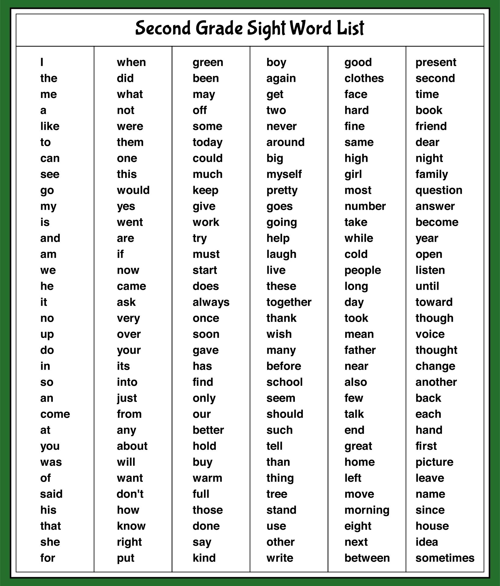 Second Grade Sight Words List 10 Free PDF Printables Printablee