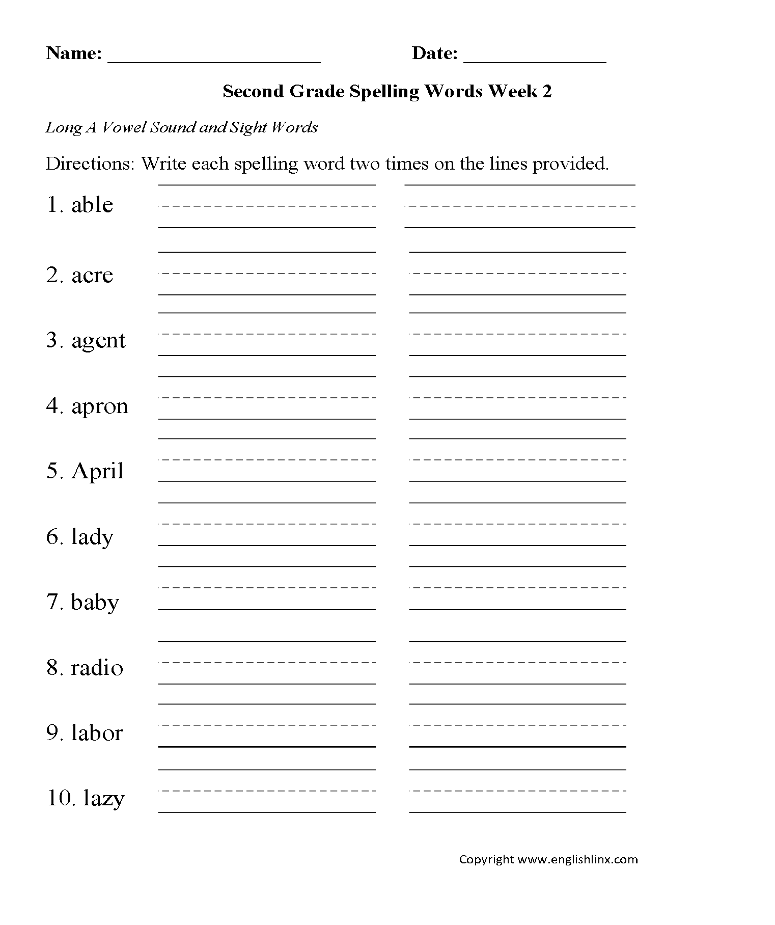 Second Grade Spelling Worksheets Free Word Lists U0026 Printable 