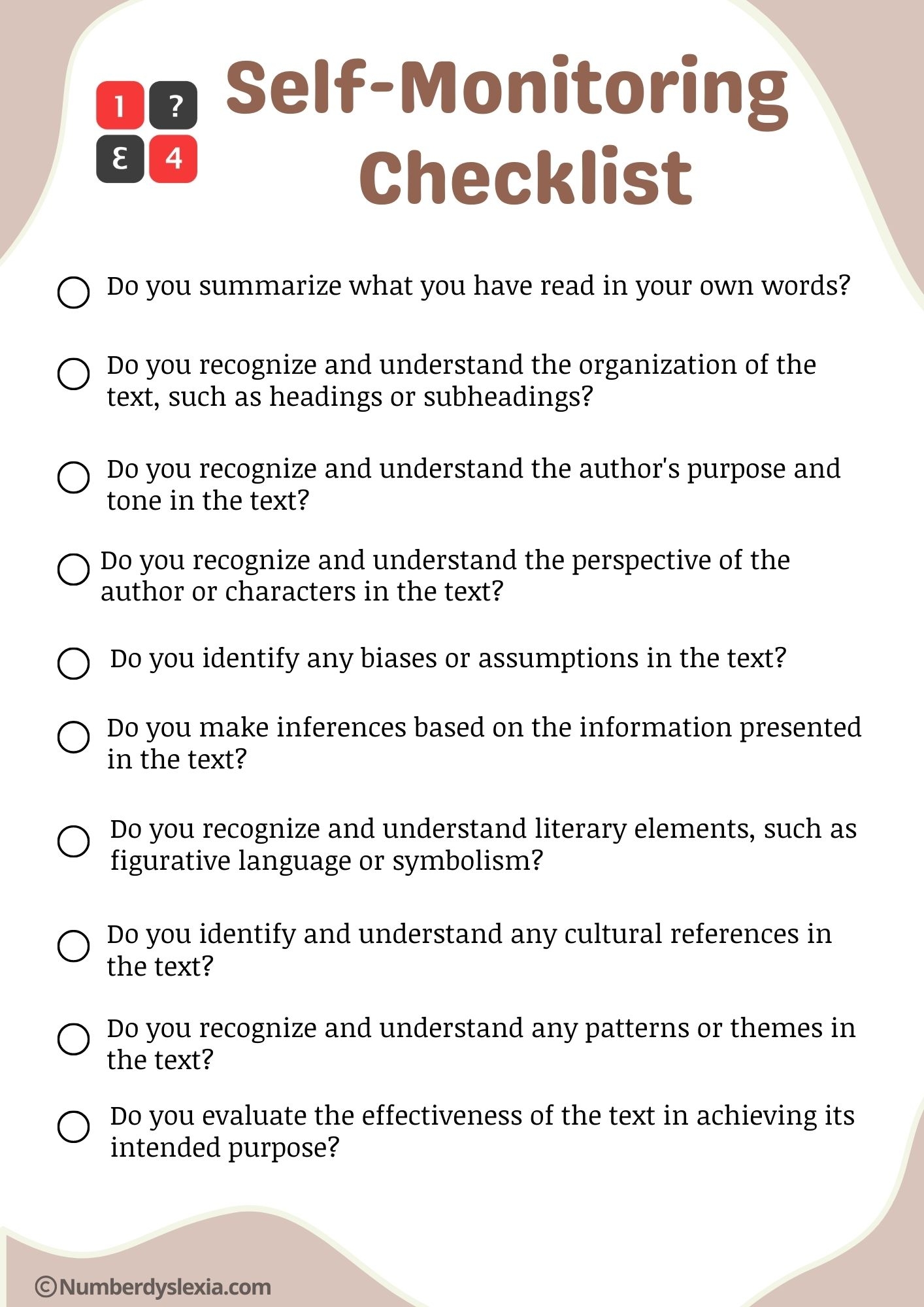 reading comprehension skills checklist