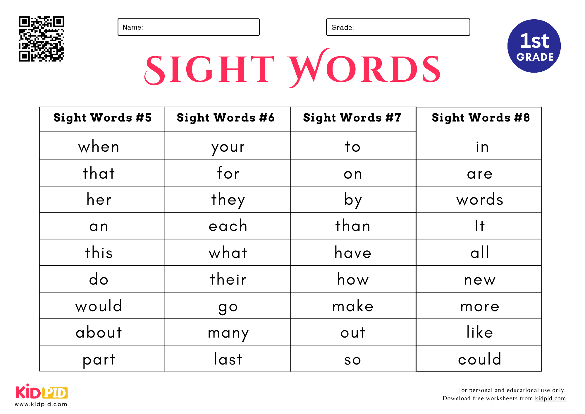 Sight Words Spelling List Worksheet For Grade 1 Kidpid