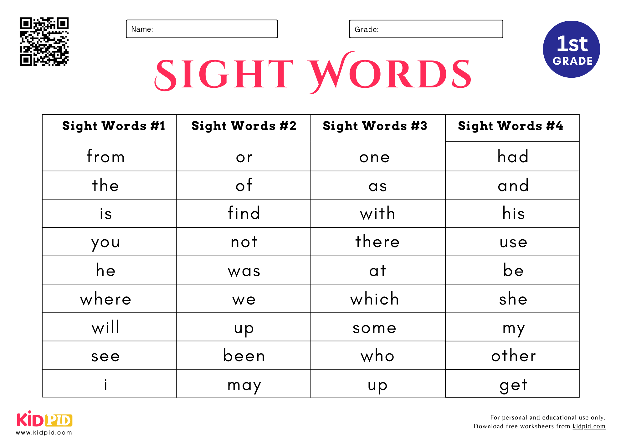 Sight Words Spelling List Worksheet For Grade 1 Kidpid