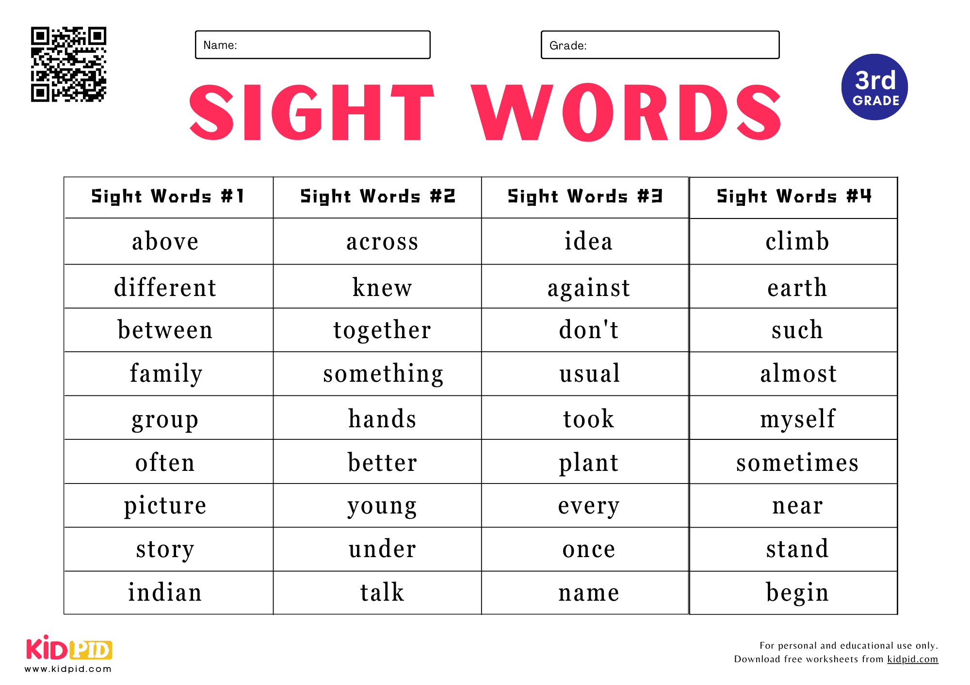 Sight Words Spelling List Worksheet For Grade 3 Kidpid
