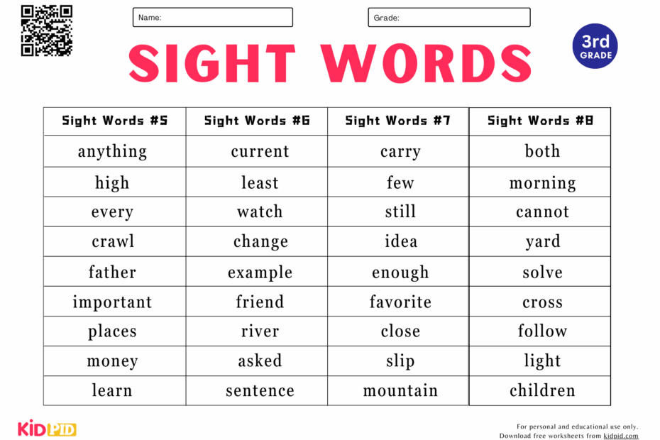 Sight Words Spelling List Worksheet For Grade 3 Kidpid