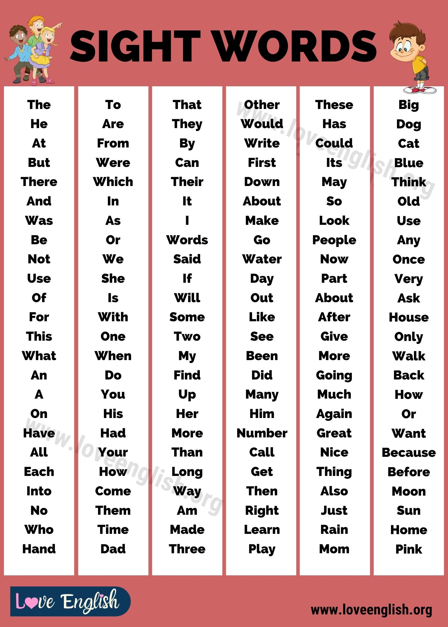 kindergarten vocabulary list