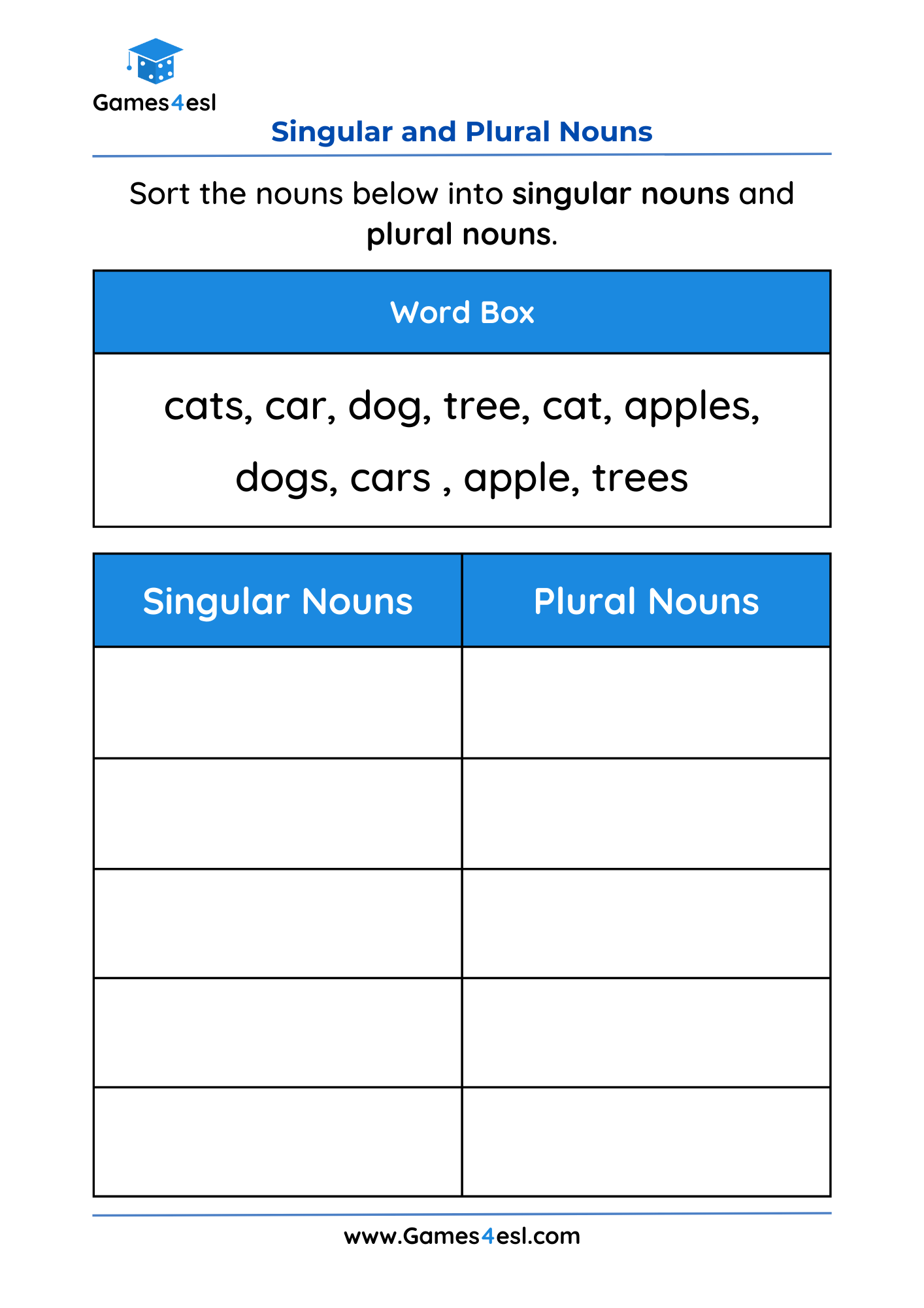 Singular And Plural Noun Worksheets Games4esl