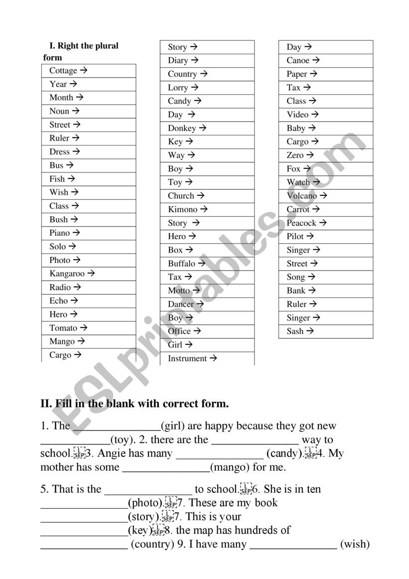 plural nouns grade 7