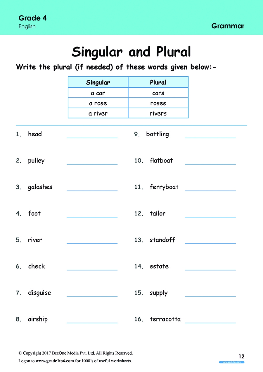 Singular Plural Worksheets Free For Grade 4 Class 4 IB CBSE ICSE 