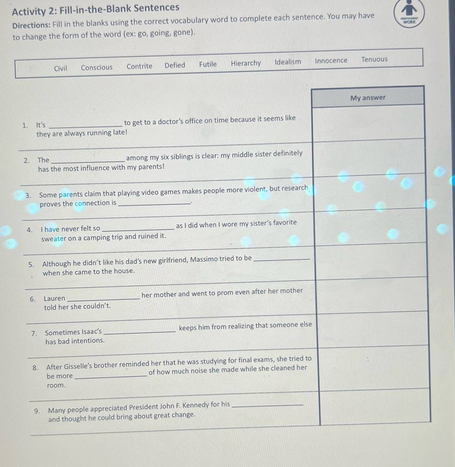 Solved Activity 2 Fill in the Blank Sentences Directions Fill In The 1 Answer Transtutors