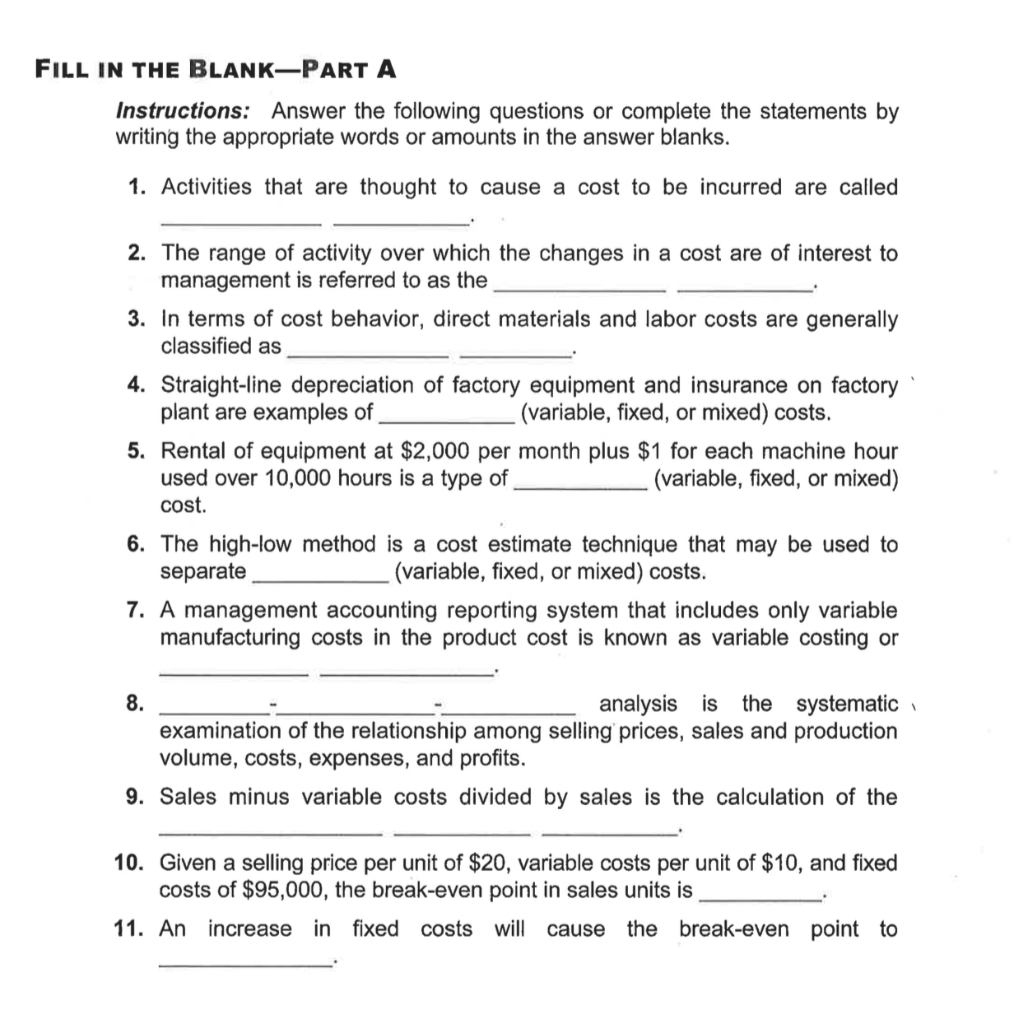 Solved FILL IN THE BLANK PART A Instructions Answer The Chegg
