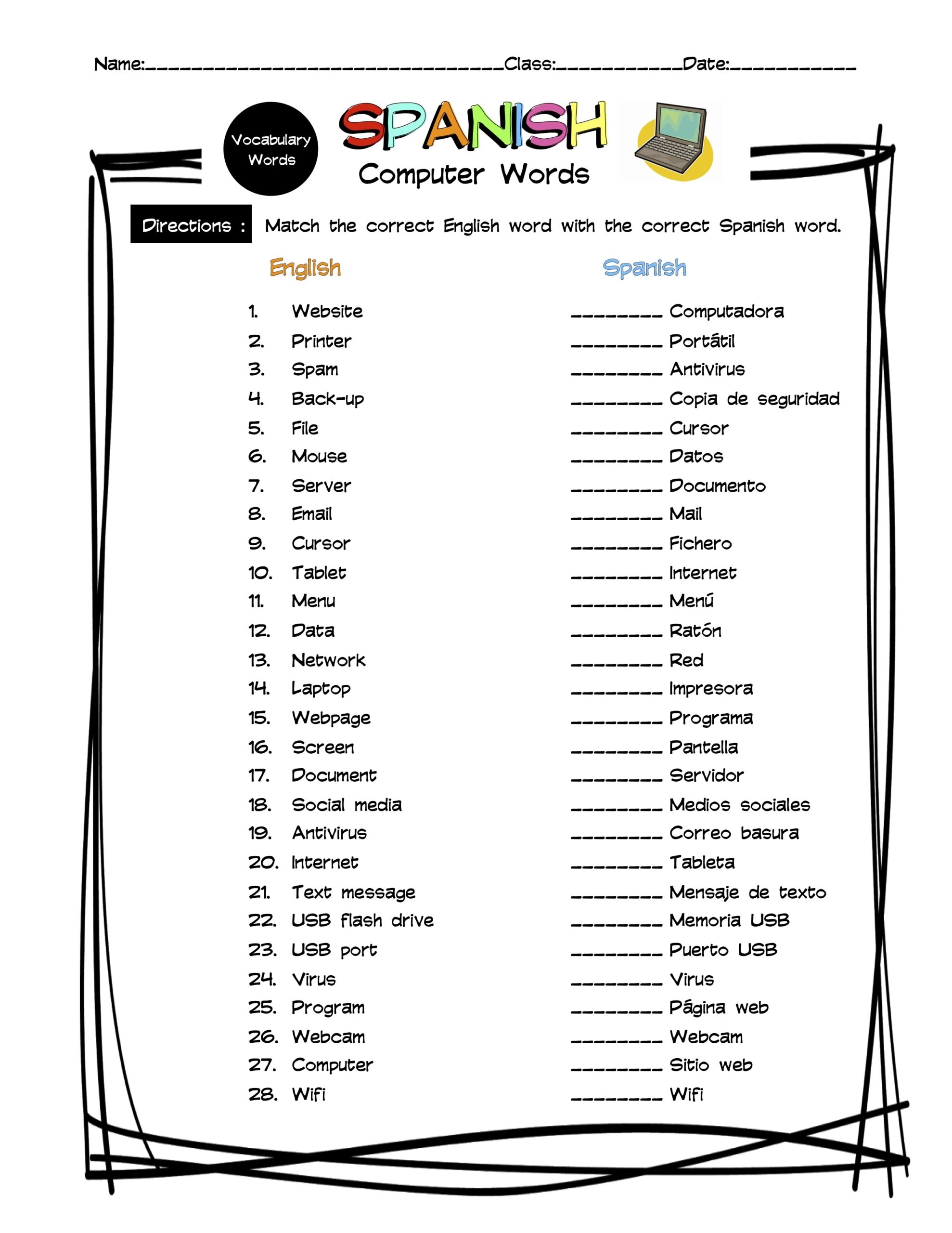 Spanish Computer Words Vocabulary Matching Worksheets U0026 Answer Key Made By Teachers