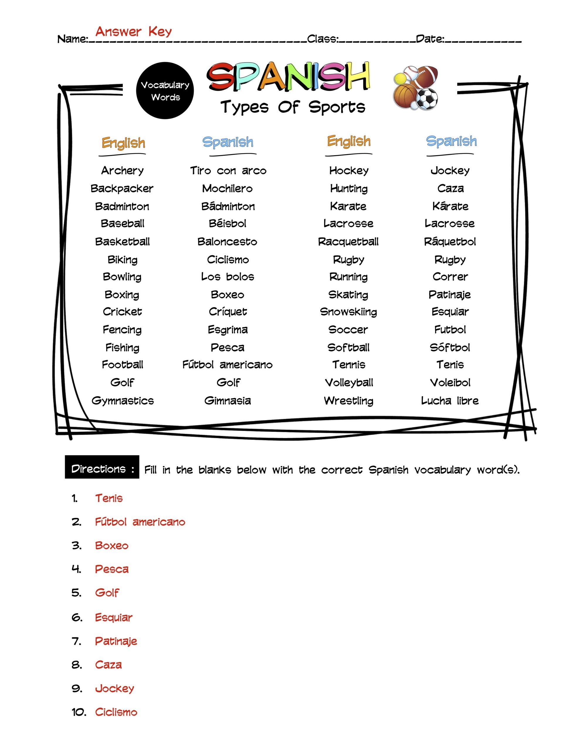 Spanish Types Of Sports Vocabulary Word List Worksheet U0026 Answer Key Made By Teachers