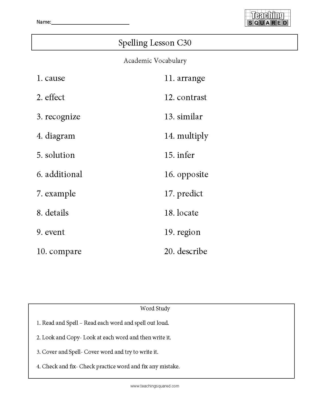 Spelling List C30 Academic Vocabulary Teaching Squared Worksheets Library