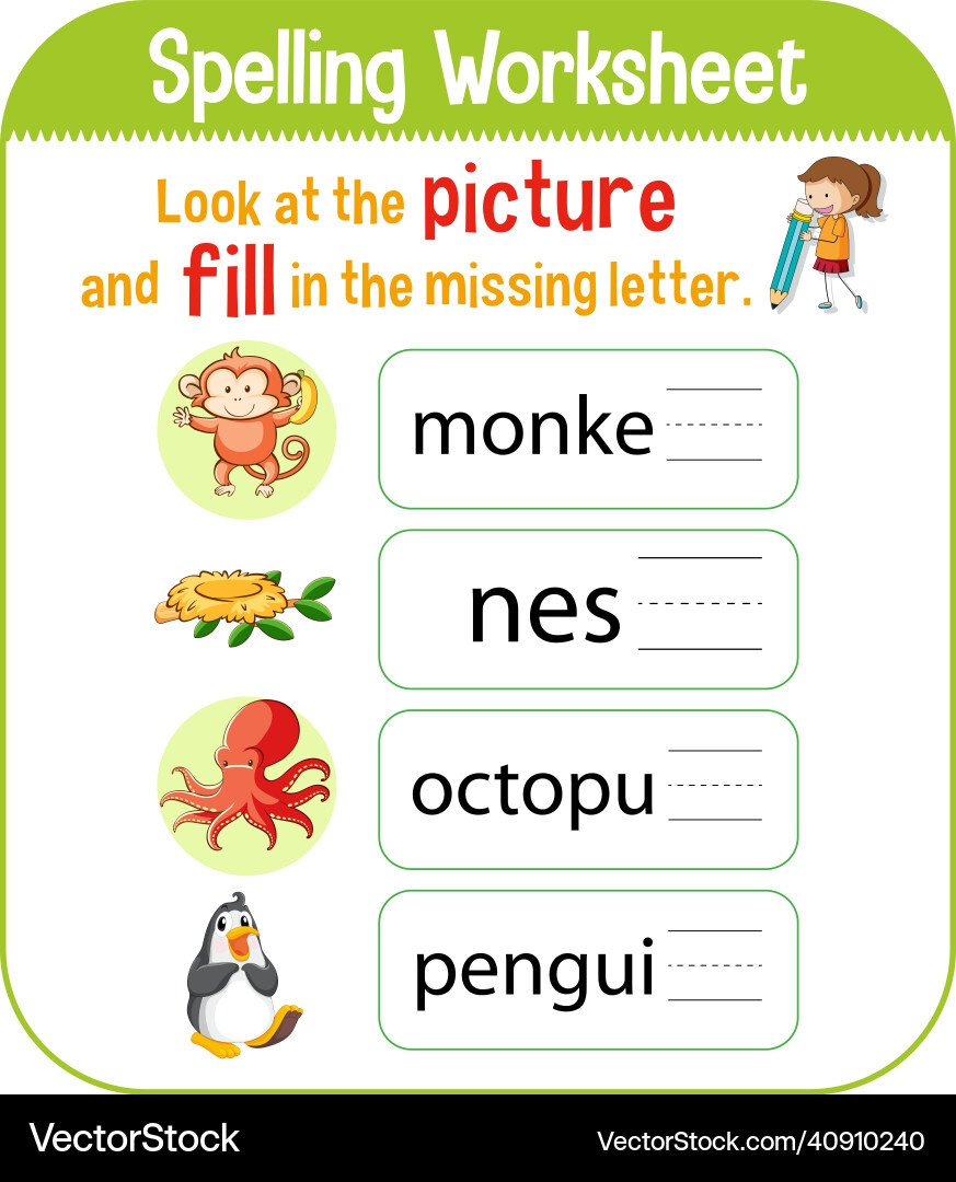 Spelling Worksheet Template For Kids Royalty Free Vector
