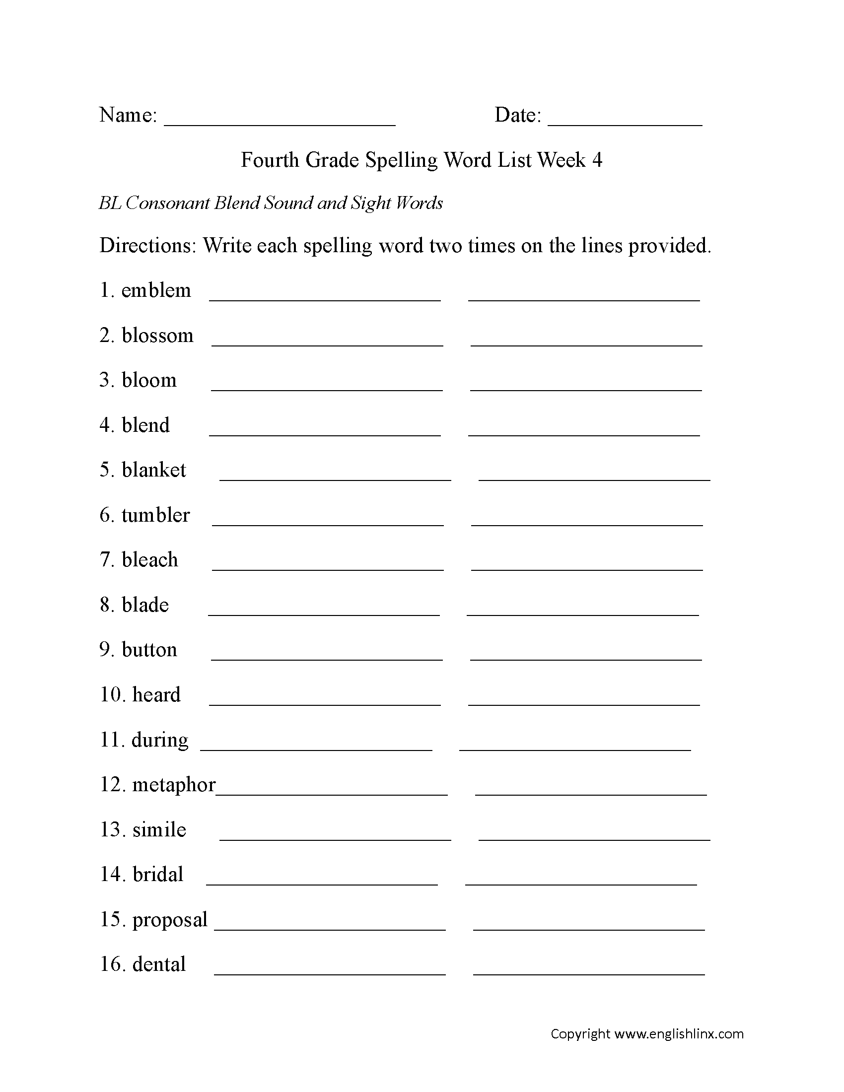 list of fourth grade spelling words