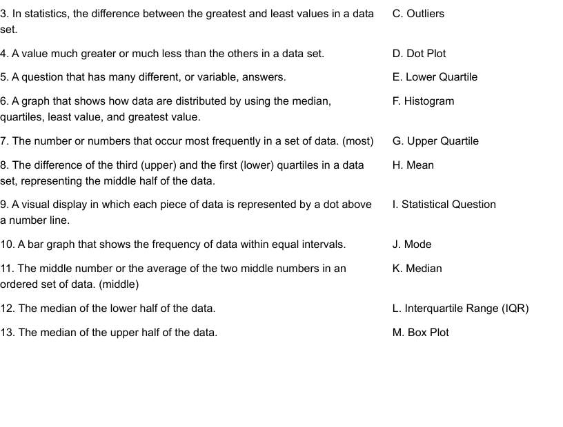 Statistics Vocabulary Worksheet WordMint