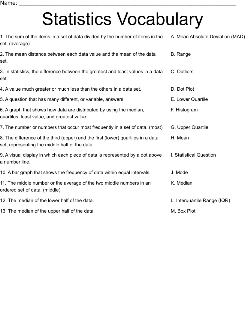 Statistics Vocabulary Worksheet WordMint