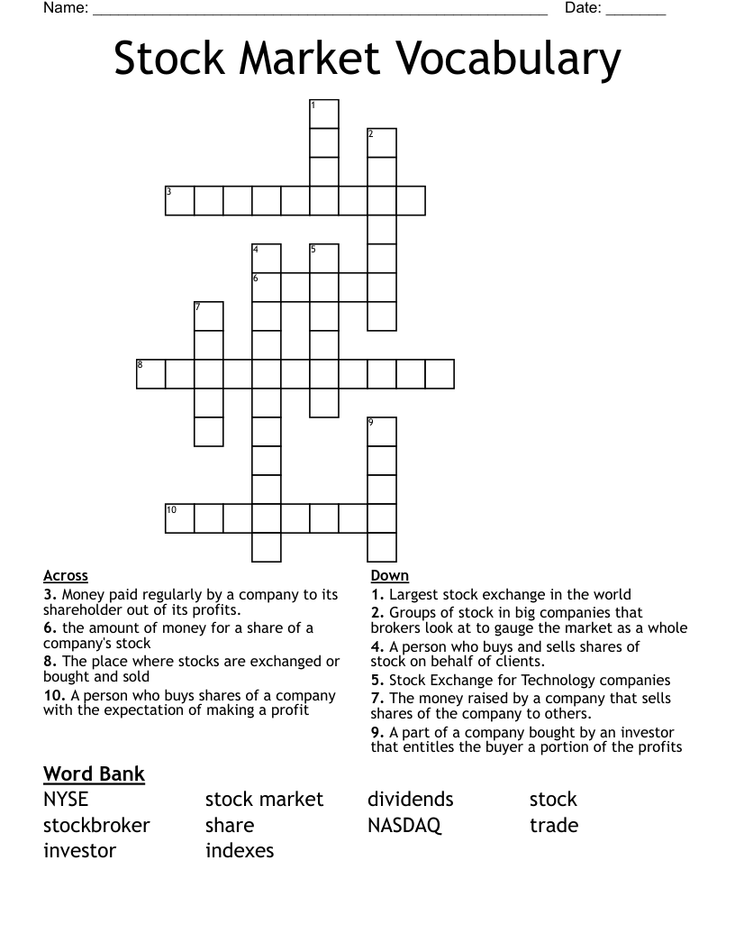 Stock Market Vocabulary Crossword WordMint