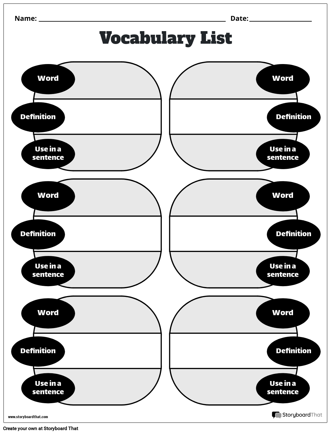 vocab sheets for any words