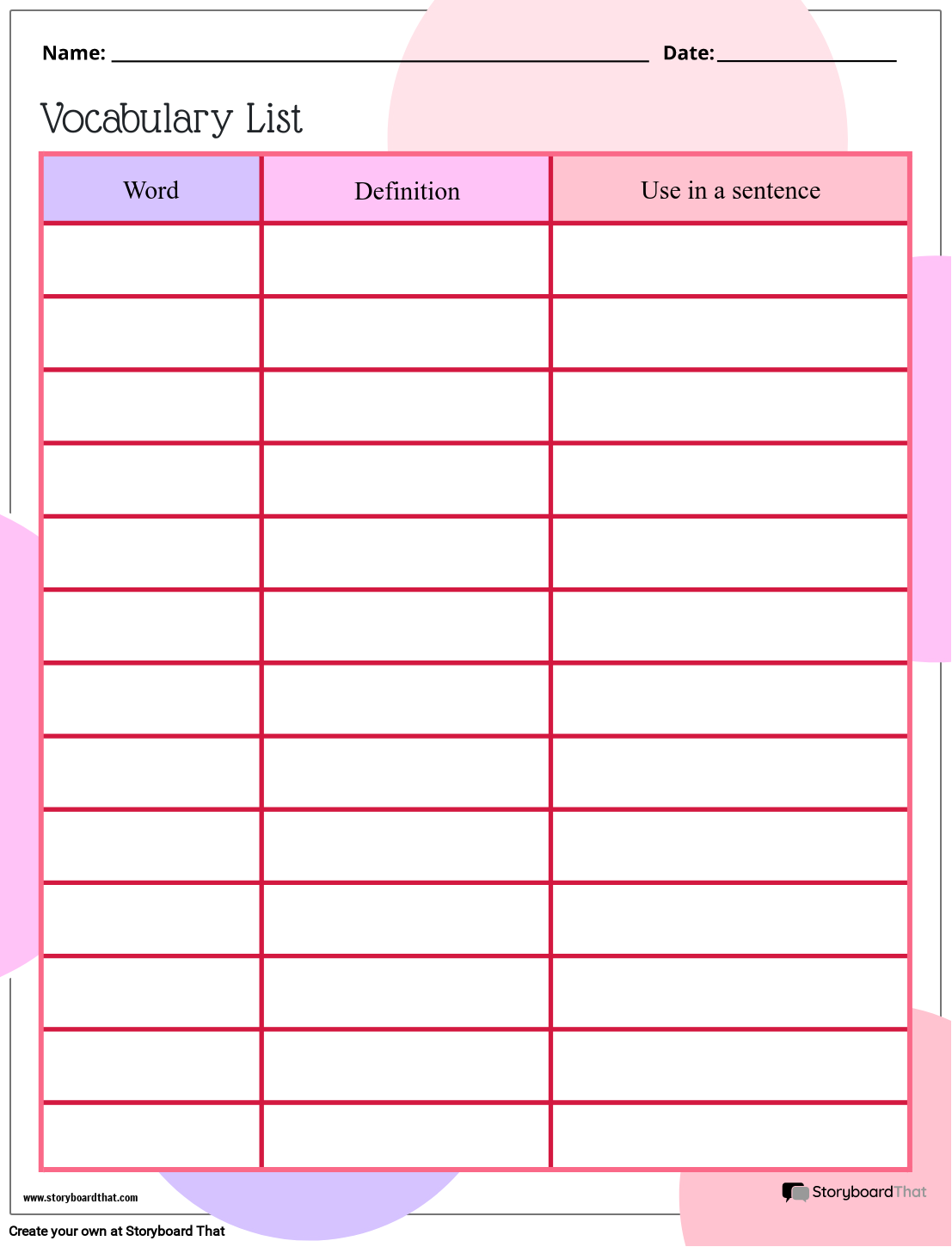 vocabulary sheet template pdf