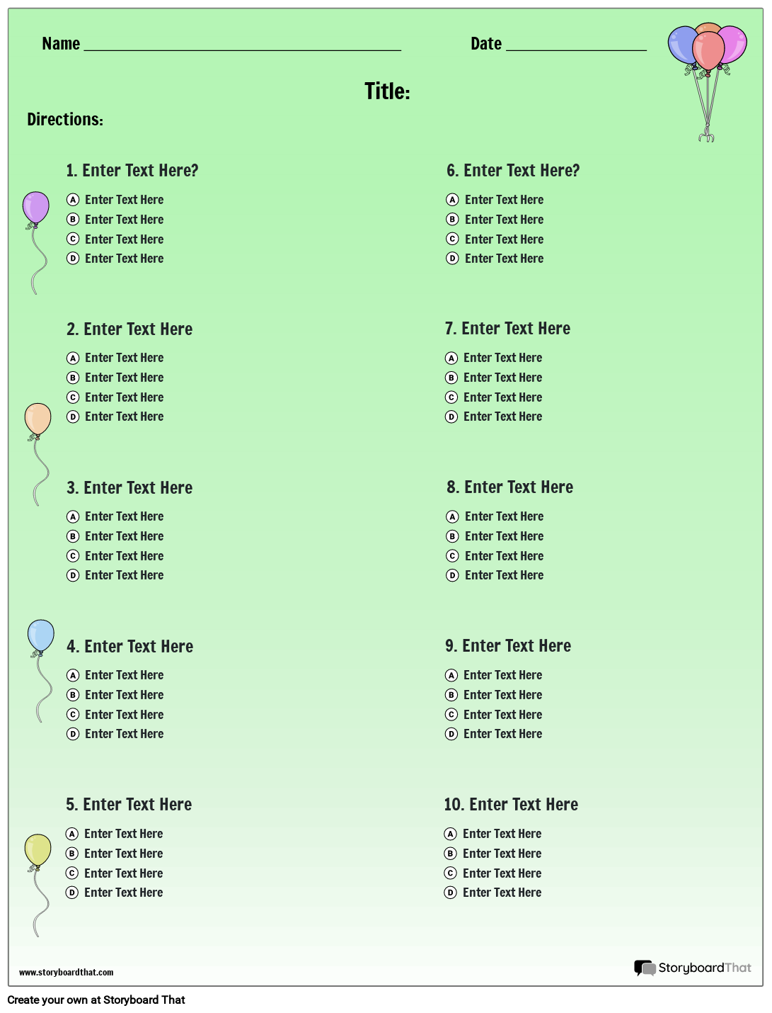 Storyboard That Multiple Choice Worksheet Templates