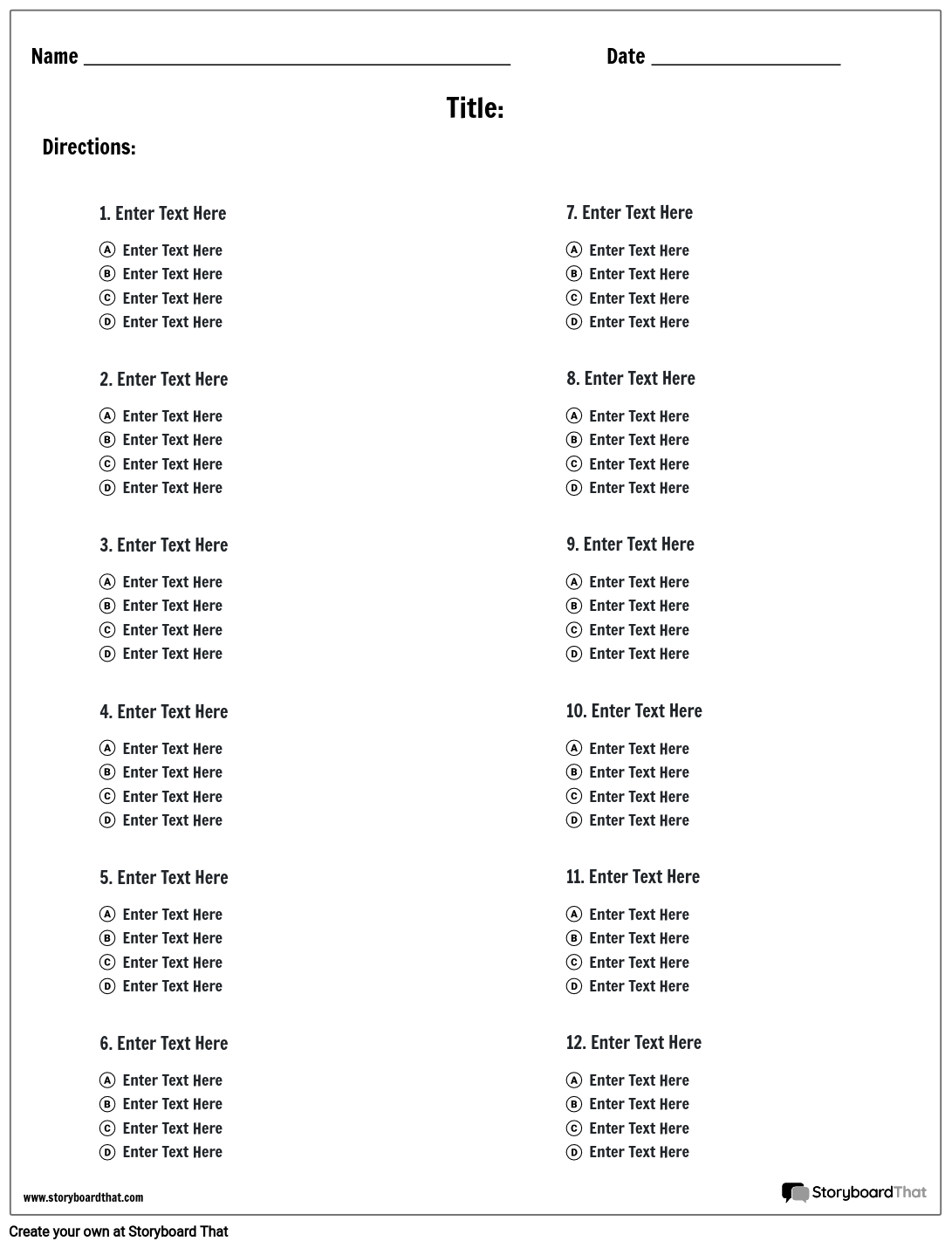 Storyboard That Multiple Choice Worksheet Templates