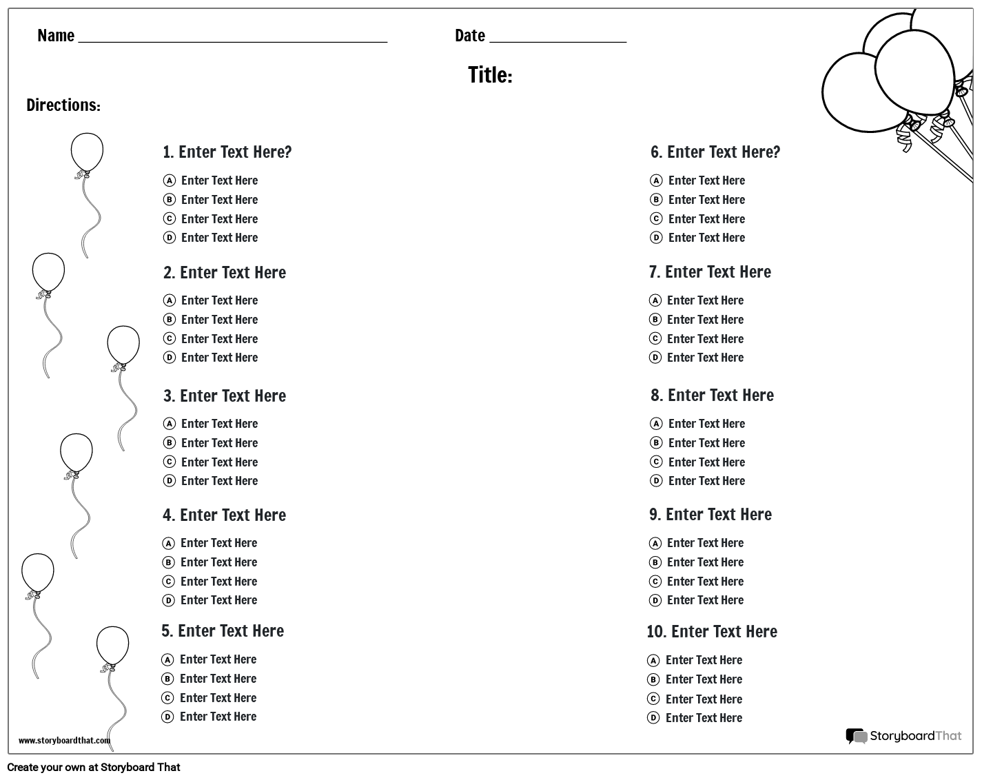 Storyboard That Multiple Choice Worksheet Templates