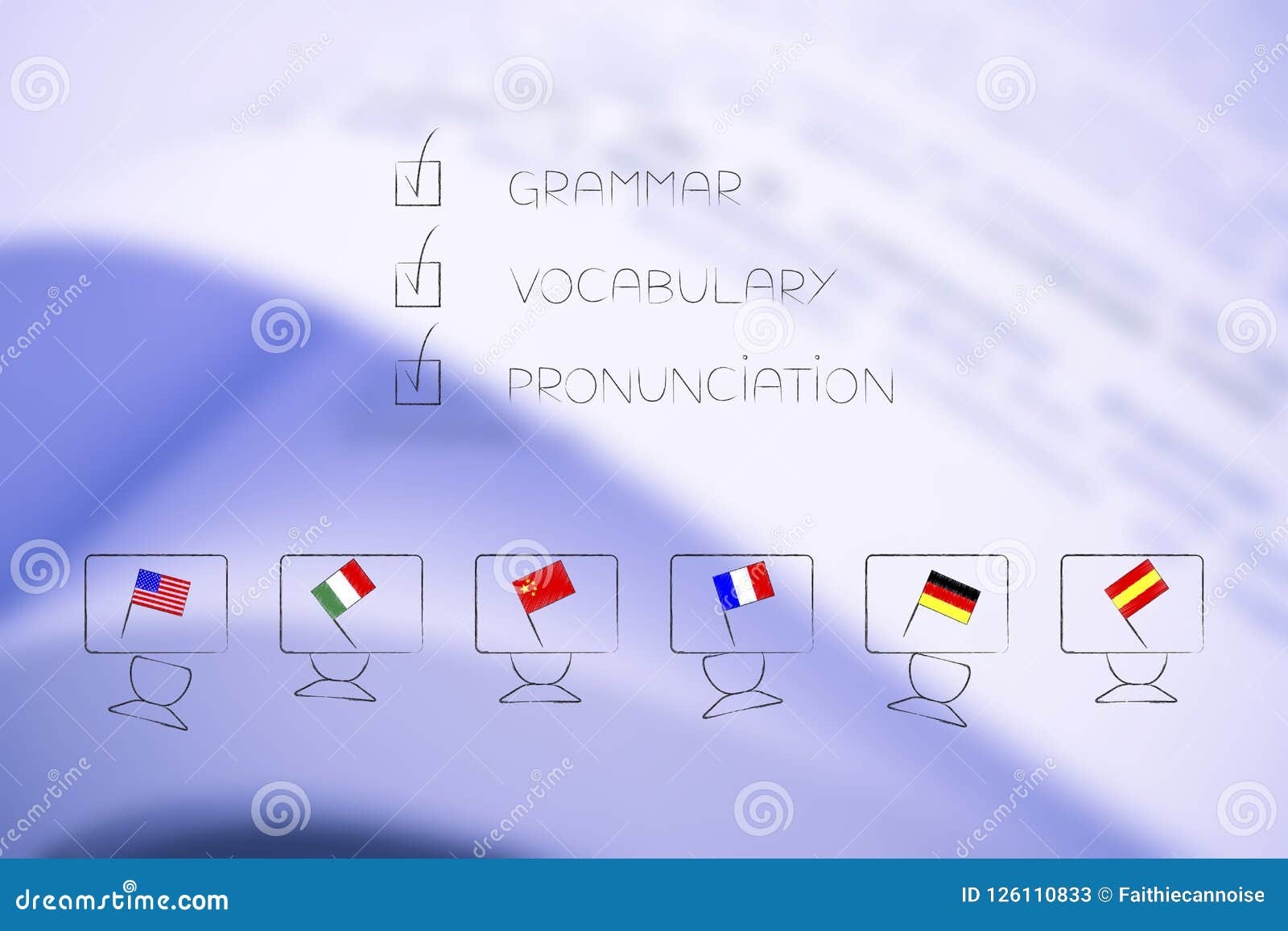 Students Desks With Flags And Grammar Vocabulary And Pronunciation 