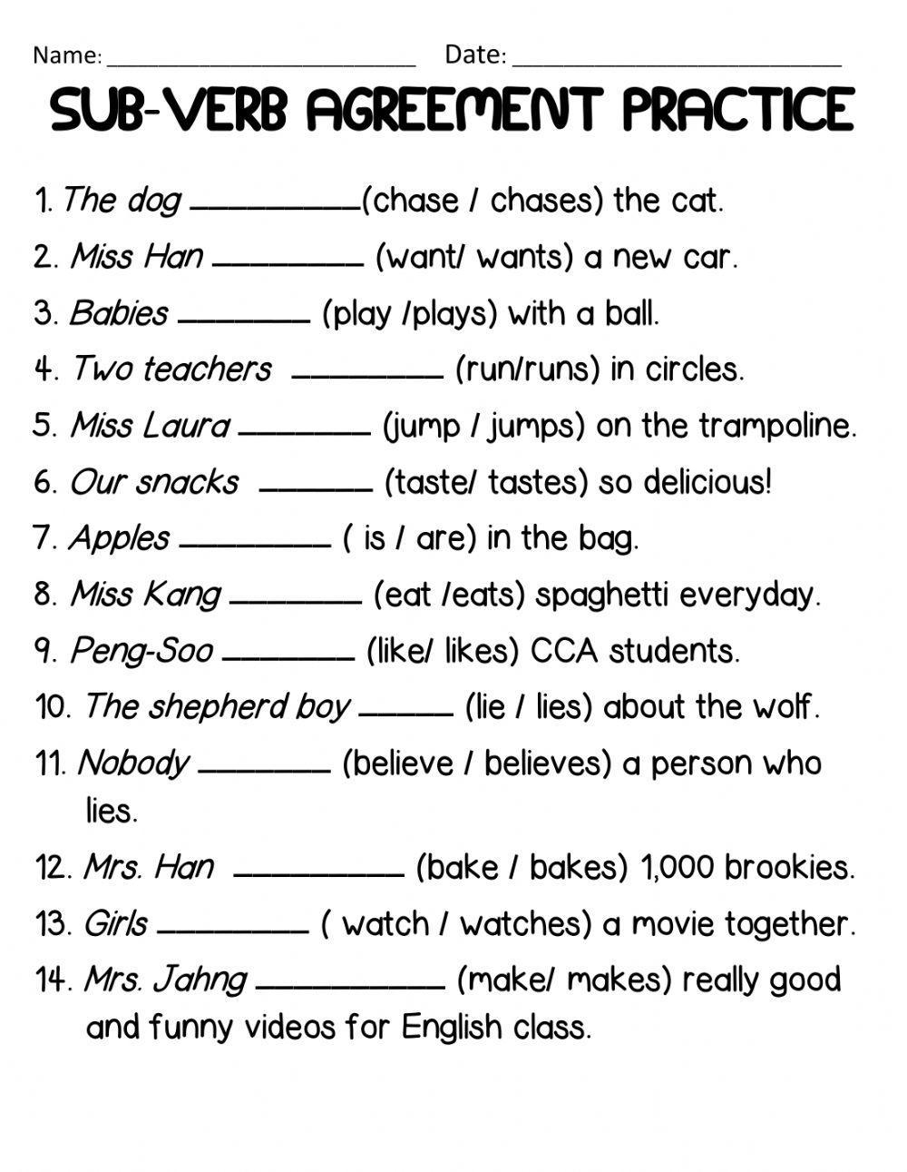 Sub Verb Agreement Practice Worksheet Live Worksheets 