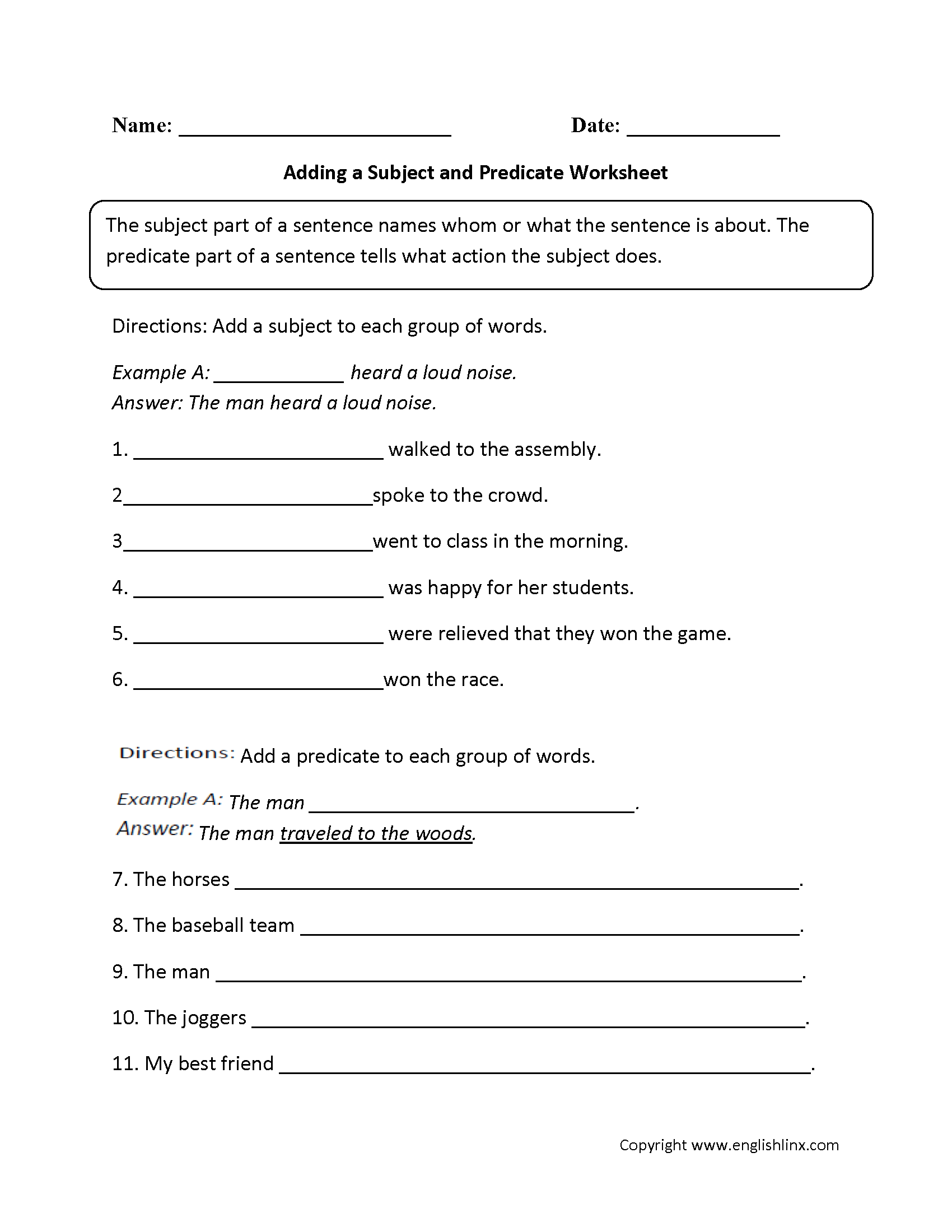 Subject And Predicate Worksheets Adding A Subject And Predicate 