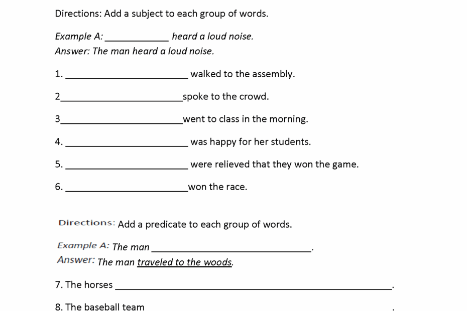 Subject And Predicate Worksheets Adding A Subject And Predicate