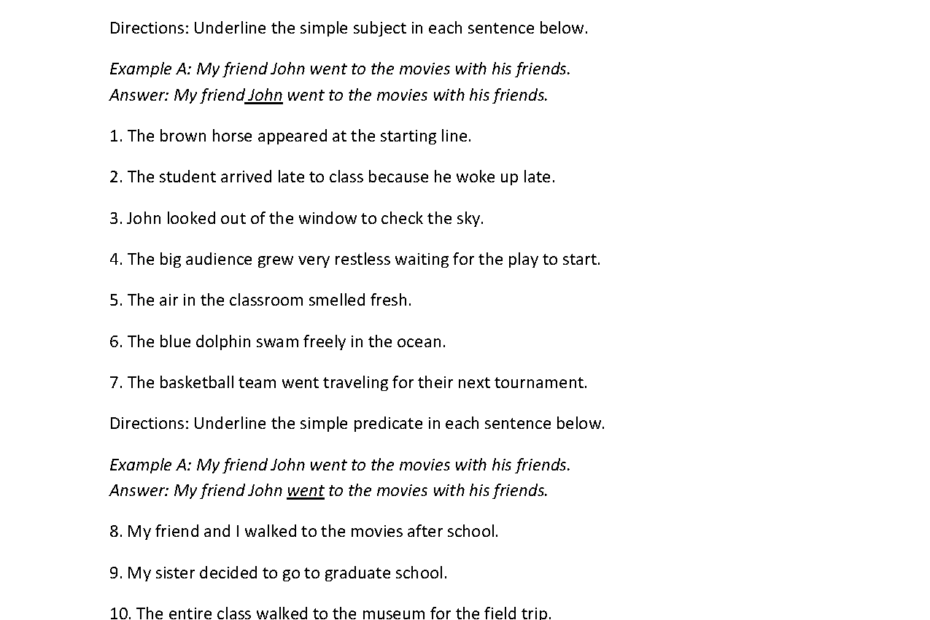 Subject And Predicate Worksheets Simple Subject And Simple Predicate Worksheet