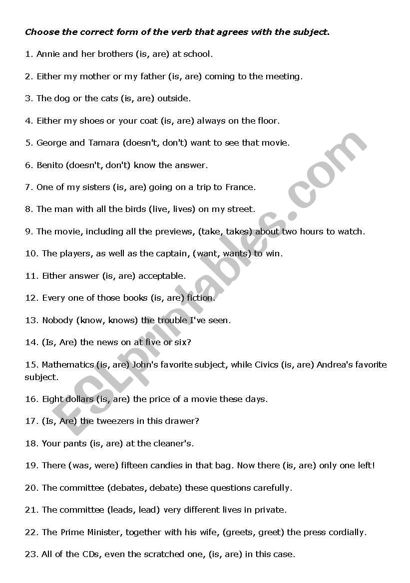 Subject And Verb Agreement ESL Worksheet By Nicole86 Worksheets Library