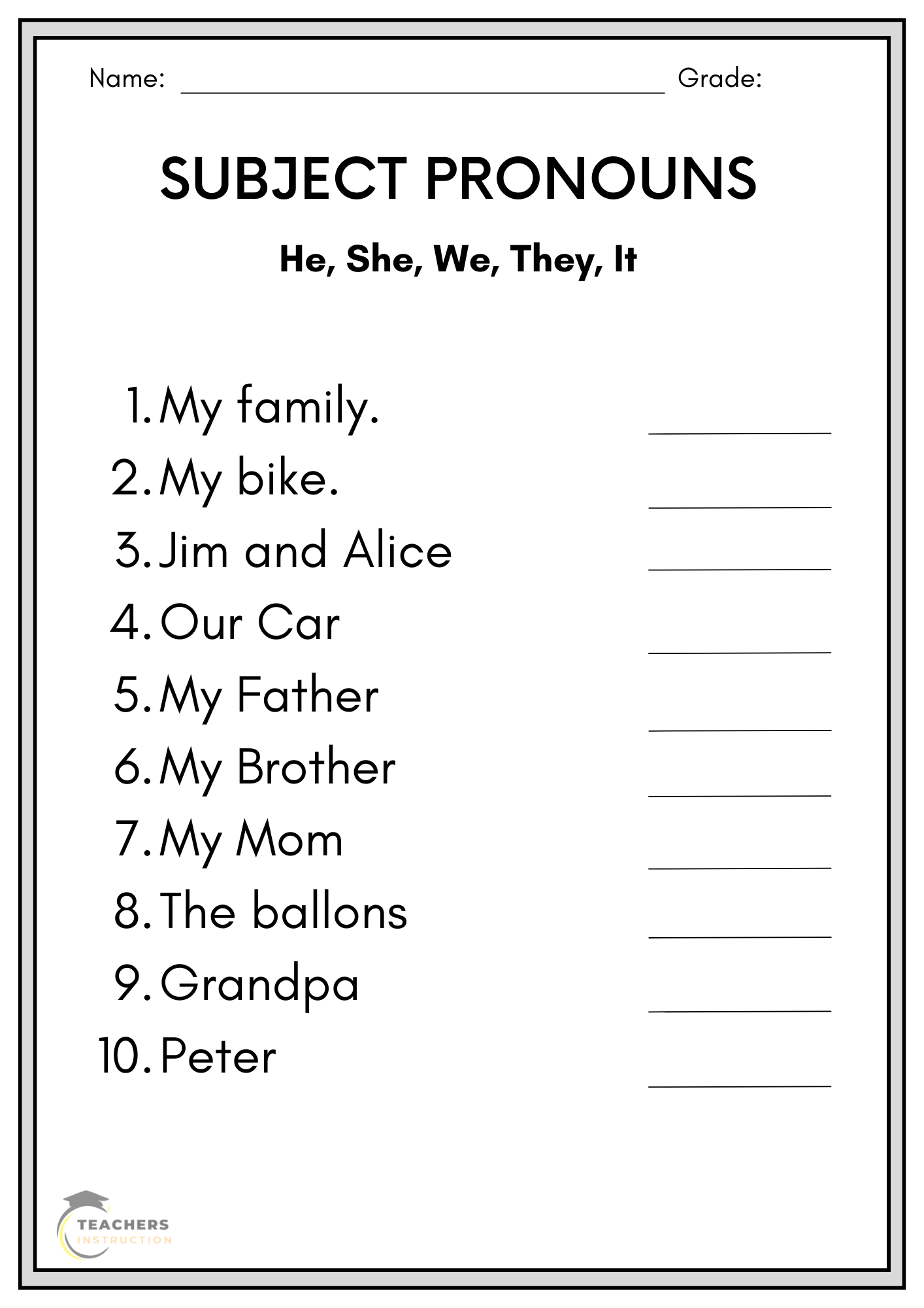 Subject Pronouns Worksheet