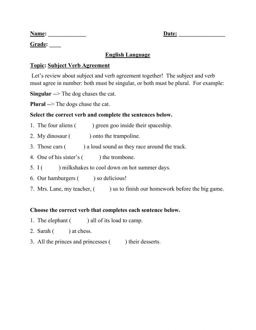 liveworksheet subject verb agreement