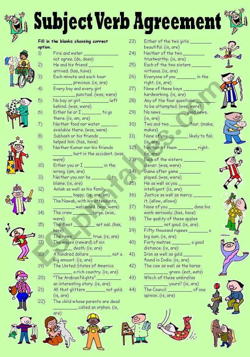 subject verb agreement worksheet pdf