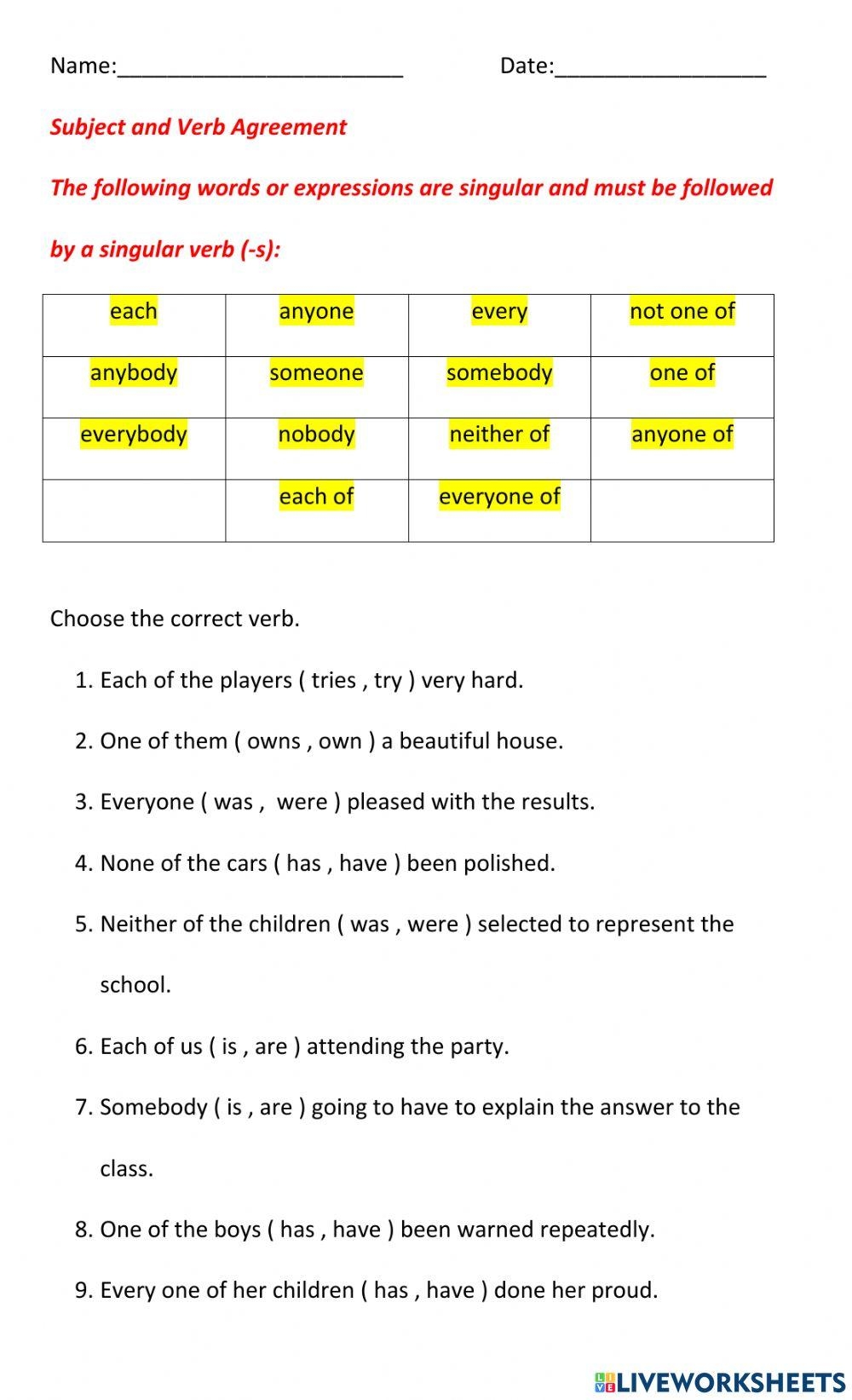 Subject Verb Agreement Free Online Exercise Live Worksheets Worksheets Library