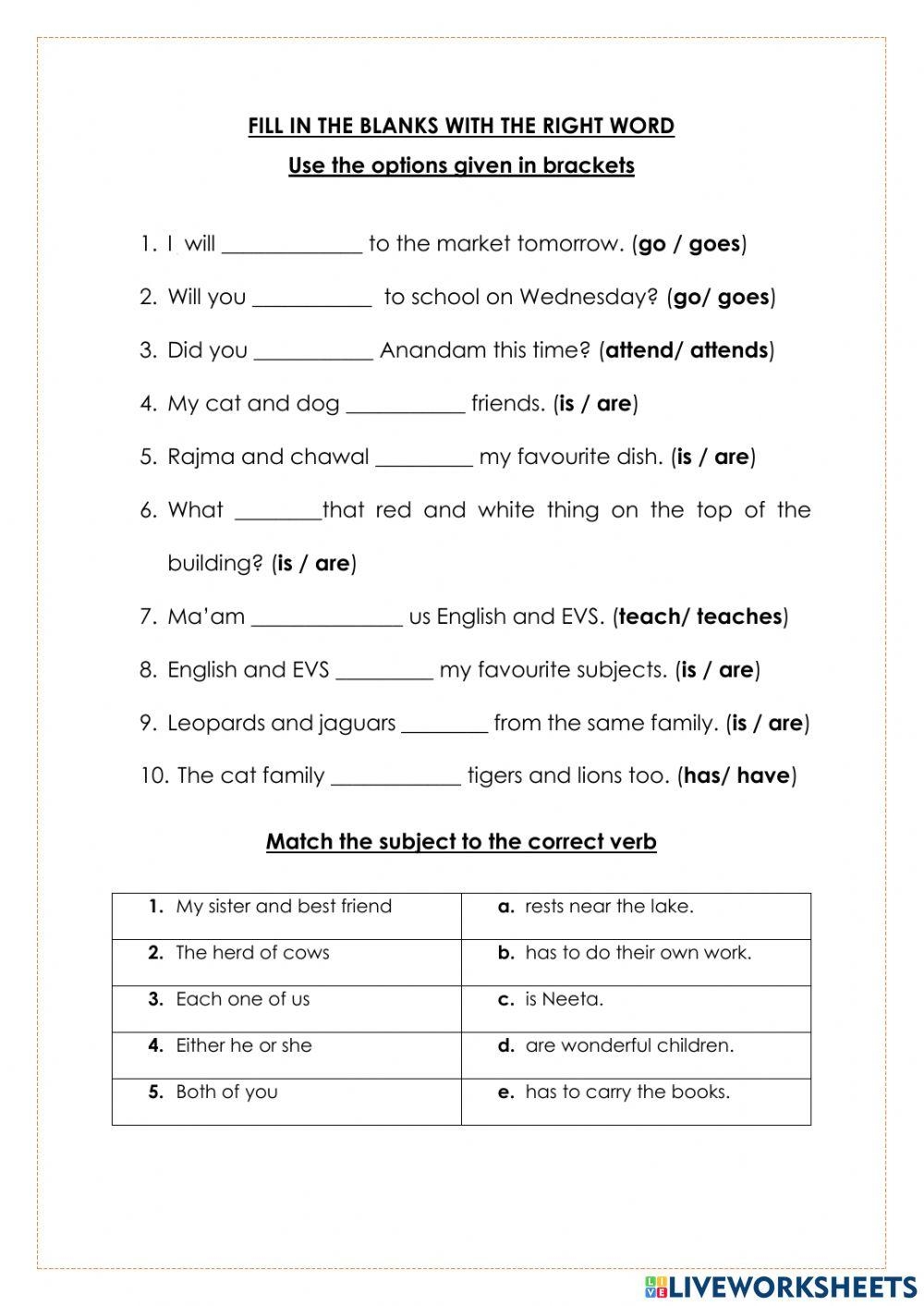 Subject Verb Agreement Online Practice Live Worksheets Worksheets Library