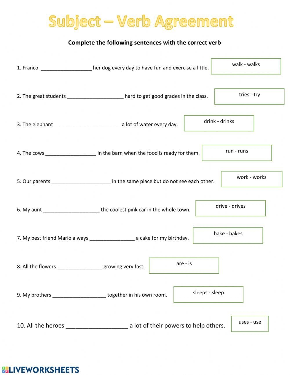Subject Verb Agreement Worksheet Live Worksheets Worksheets 