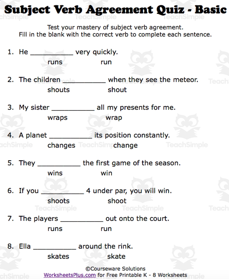 simple subject verb agreement worksheet