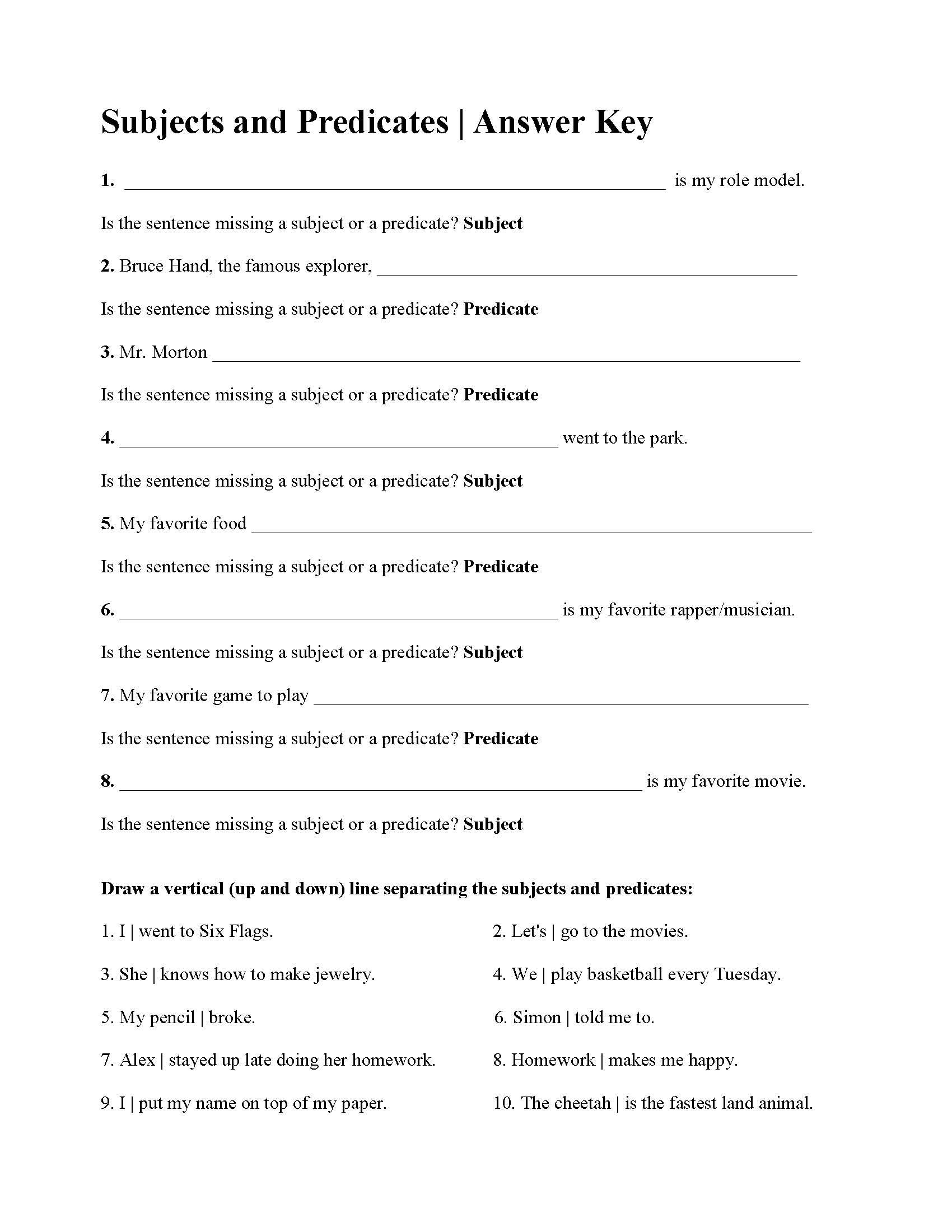 Subjects And Predicates Worksheet 1 Sentence Structure Activity